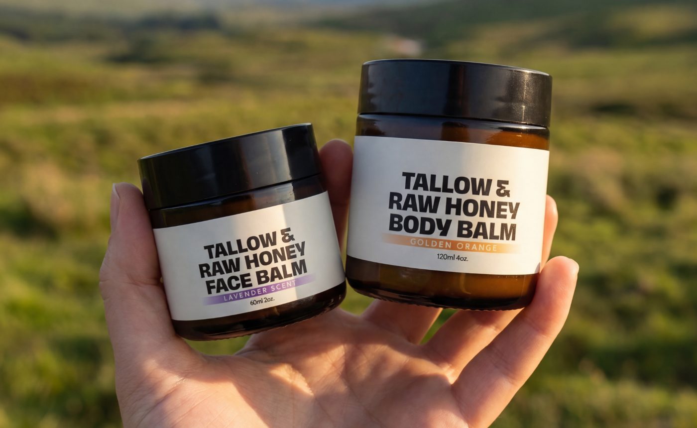 Face and body balm jars held up against the Scottish hills